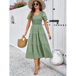 Green V Neck Layered A-Line Midi Dress