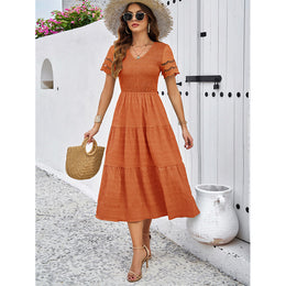 Layered Short Sleeves Round Neck Fit & Flare Midi Dress