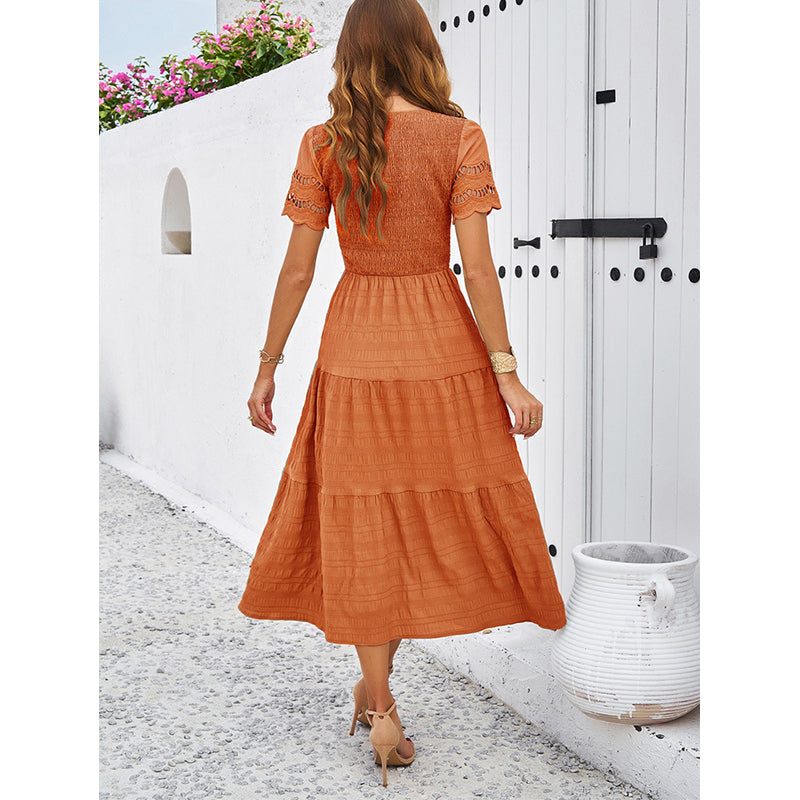 Layered Short Sleeves Round Neck Fit & Flare Midi Dress