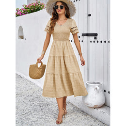 Khaki Layered Solid Short Sleeves A-Line Midi Dress