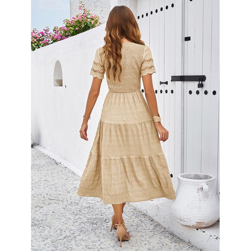 Khaki Layered Solid Short Sleeves A-Line Midi Dress