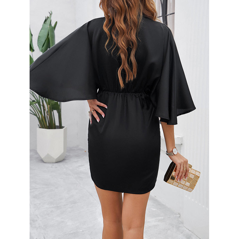 V-Neck Flared Sleeves Gathered Detailed Sheath Dress