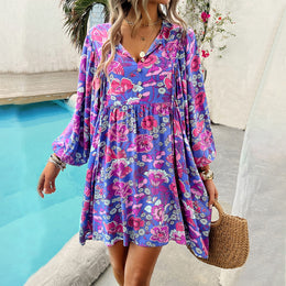 Floral Print Tie-Up Neck Puff Sleeves Pleated A-Line Dress