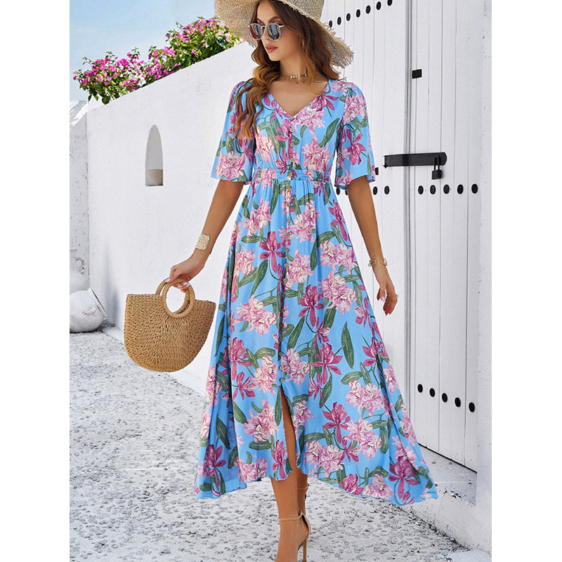 Floral Printed Smocked Maxi Fit & Flare Dress