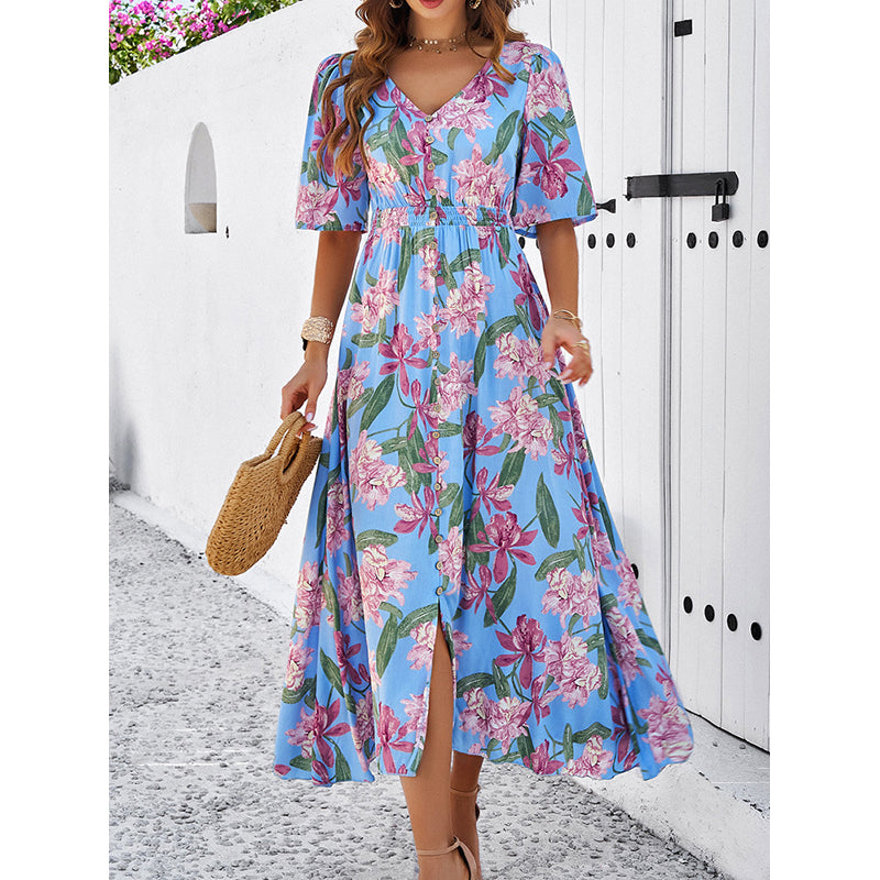 Floral Printed Smocked Maxi Fit & Flare Dress