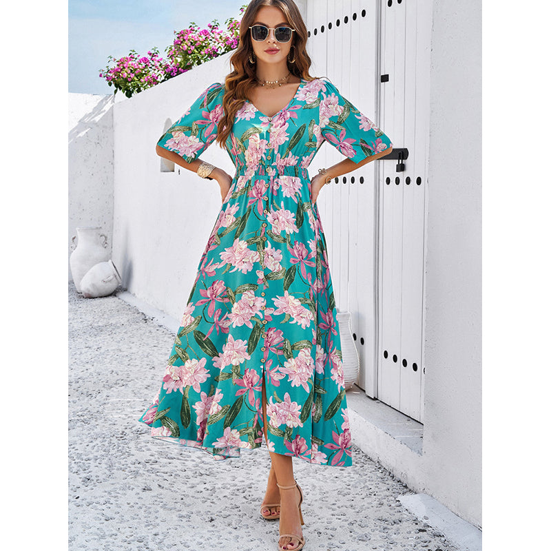 Green Floral Printed Flared Sleeve Layered Maxi Dress