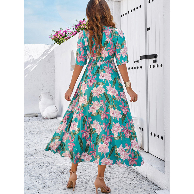 Green Floral Printed Flared Sleeve Layered Maxi Dress