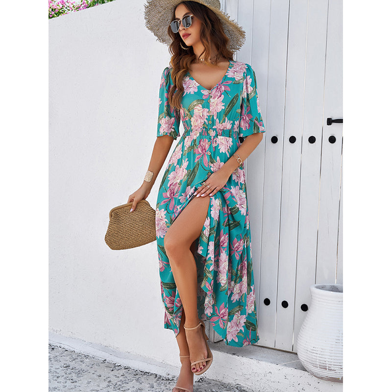 Green Floral Printed Flared Sleeve Layered Maxi Dress