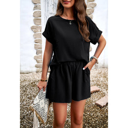 Black Round Neck Pure Cotton T-Shirt & Flared Shorts