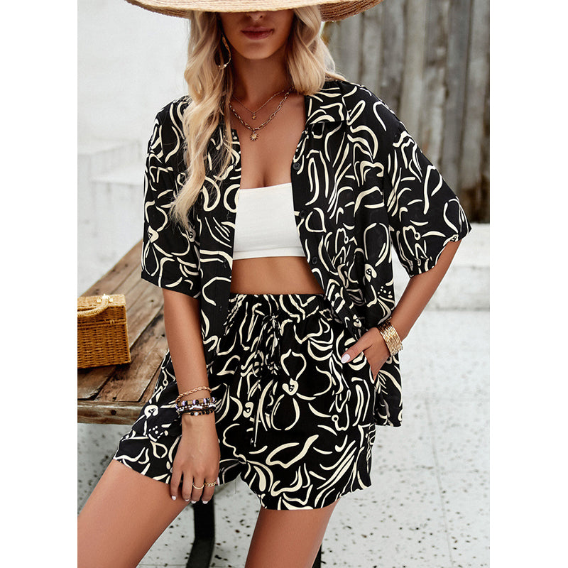 Black Printed Shirt & Shorts Set