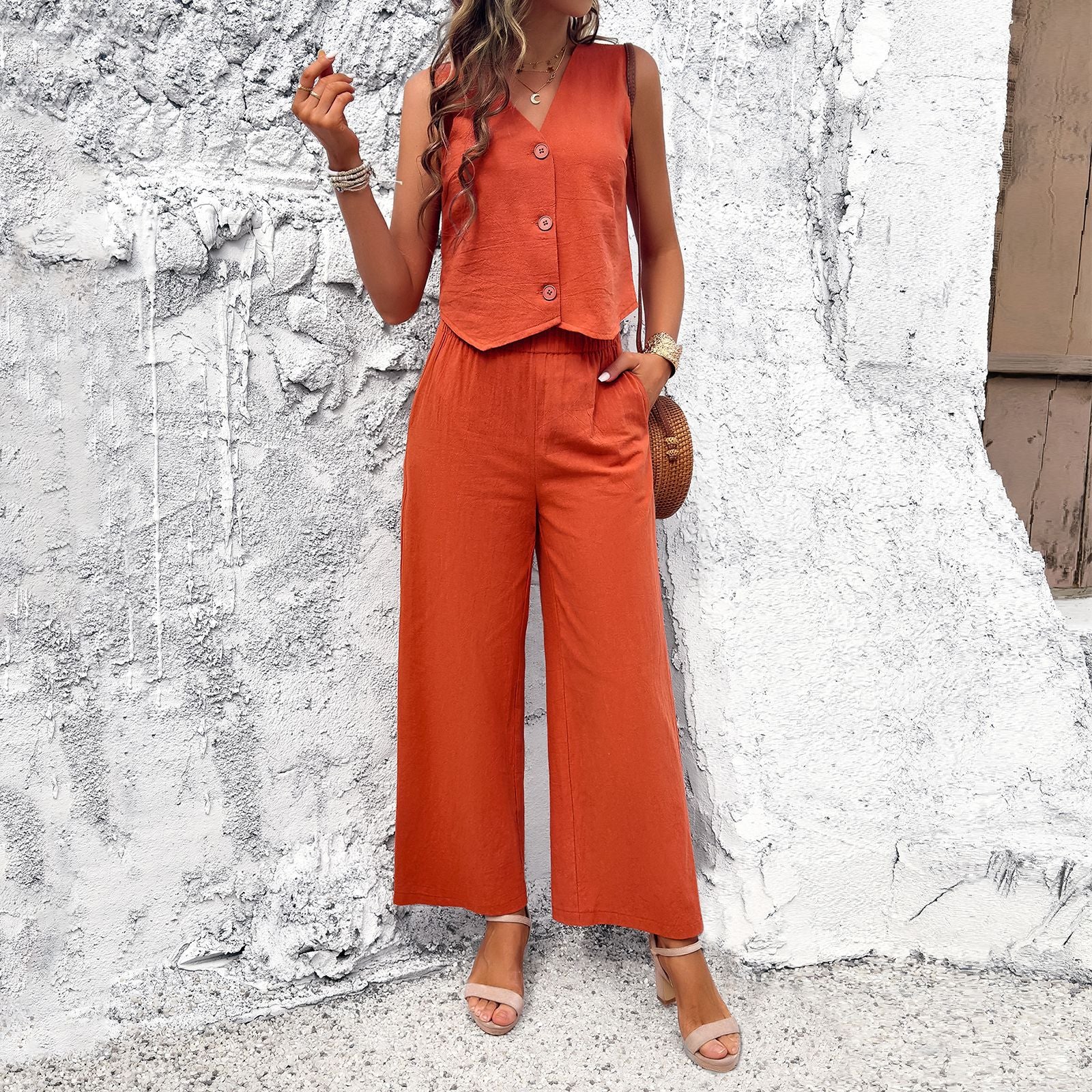 V-Neck Pure Cotton Top With Trousers