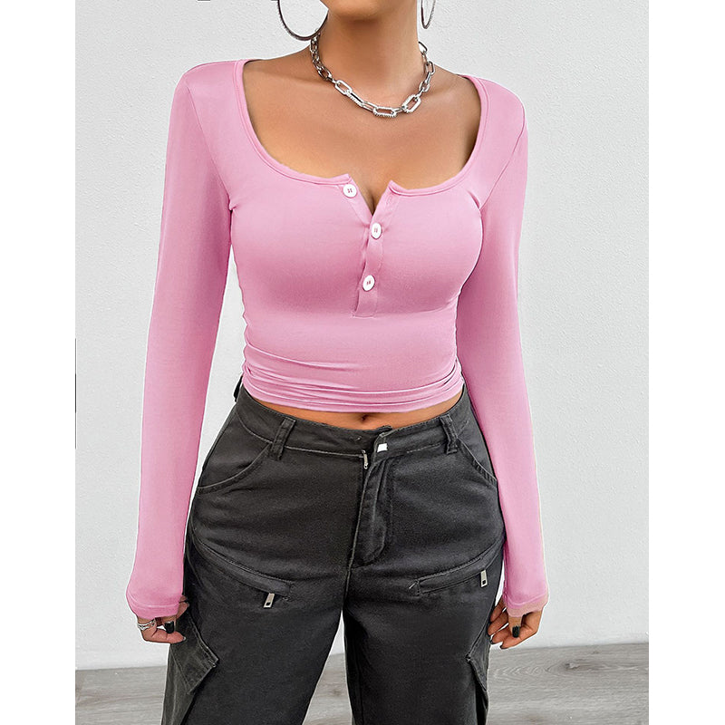 Scoop Neck Long Sleeves Fitted Crop Top