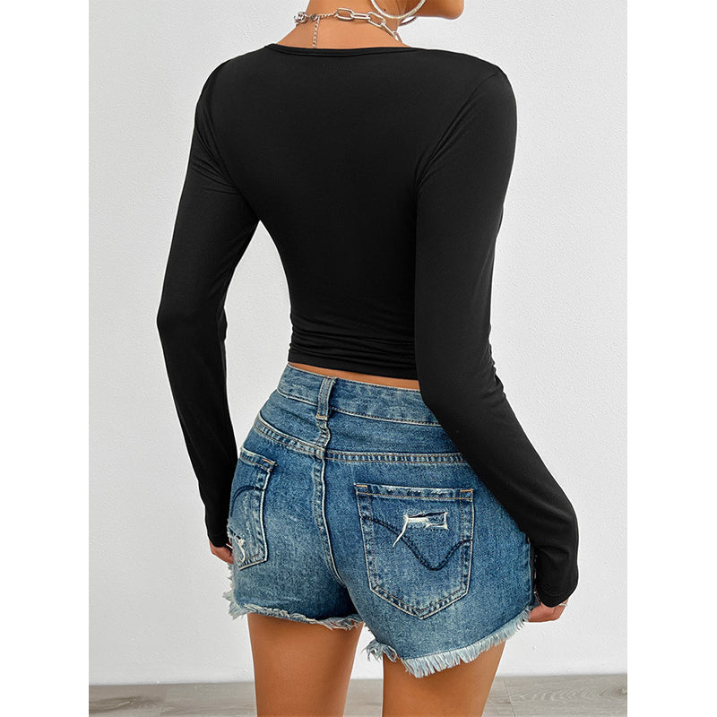 Black Scoop Neck Long Sleeves Crop Top