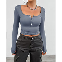 Scoop Neck Long Sleeves Fitted Crop Top