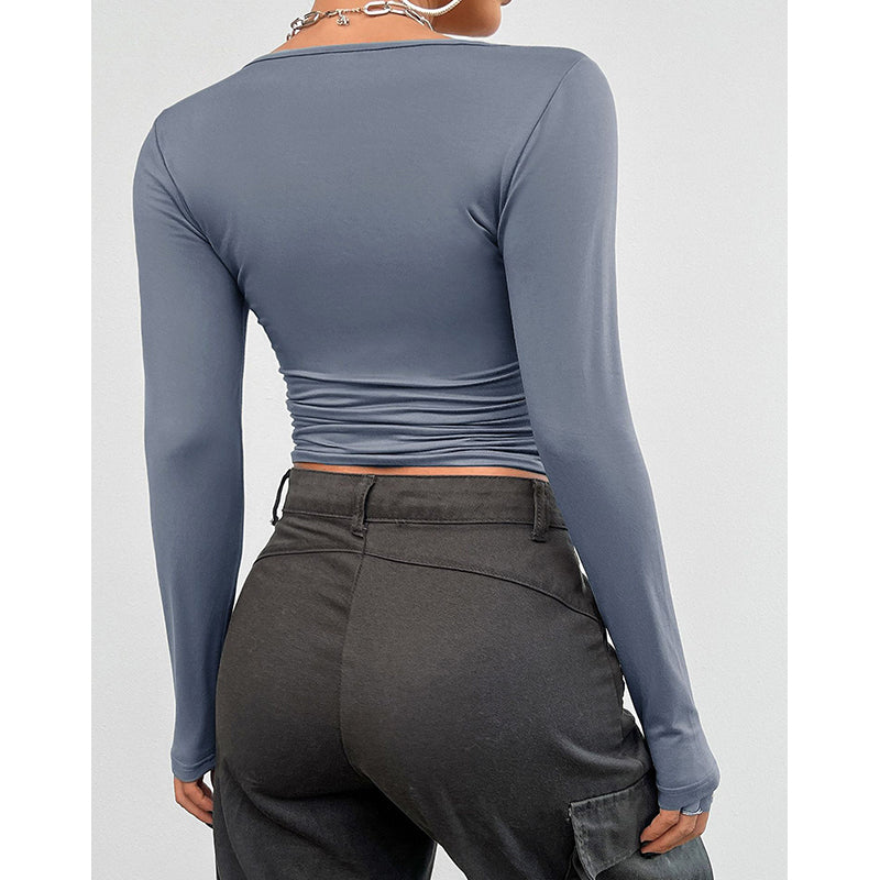 Scoop Neck Long Sleeves Fitted Crop Top
