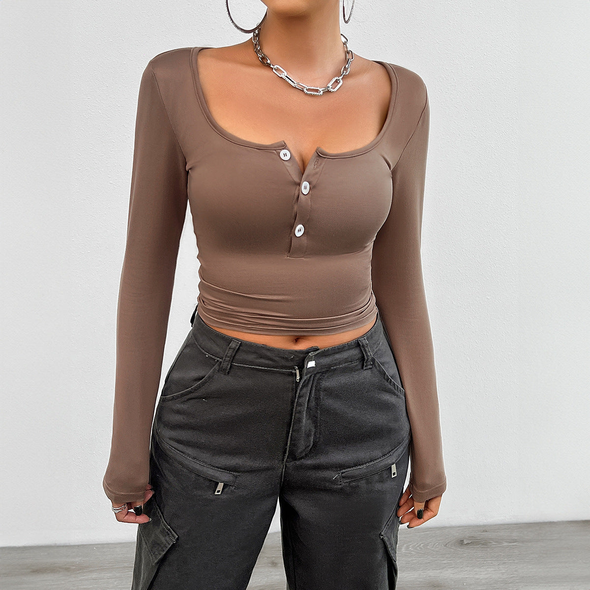 Scoop Neck Long Sleeves Fitted Crop Top