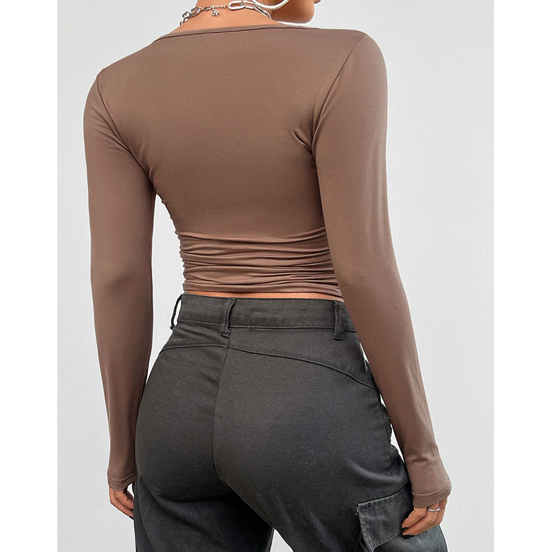 Scoop Neck Long Sleeves Fitted Crop Top