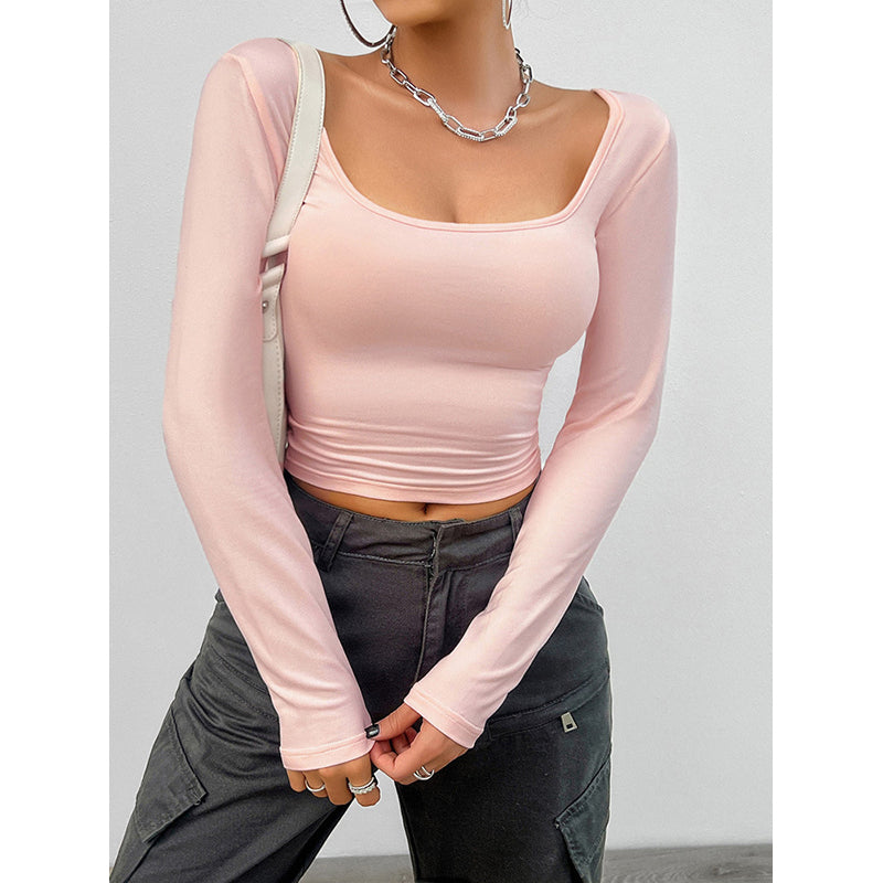 Women Solid Square Neck Long Sleeves Tank Top