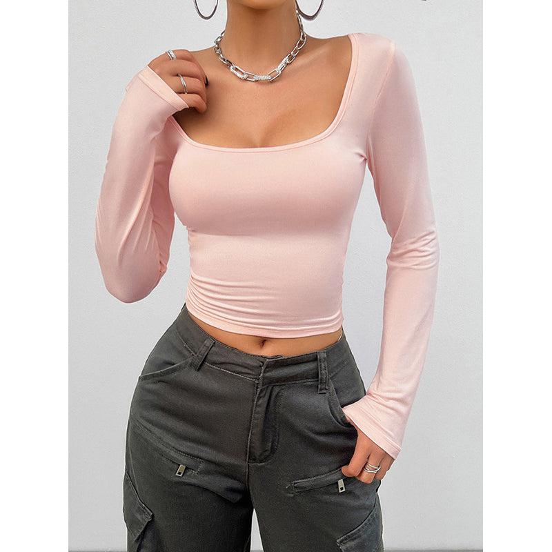 Women Solid Square Neck Long Sleeves Tank Top