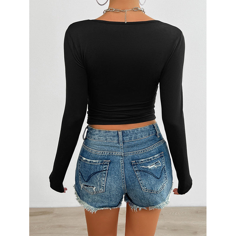 Women Solid Scoop Neck Long Sleeves Tank Top
