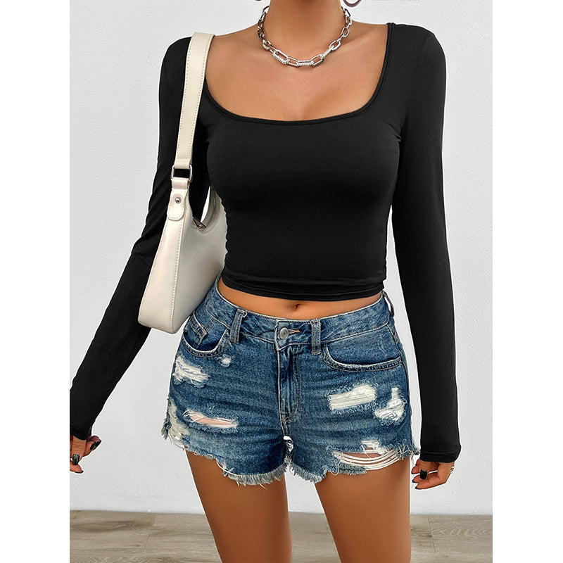 Women Solid Scoop Neck Long Sleeves Tank Top