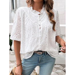 Women High Neck Eyelet Top