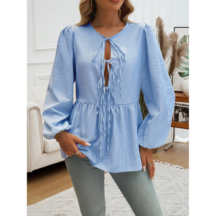 Striped Tie-Up Neck Puff Sleeve Top