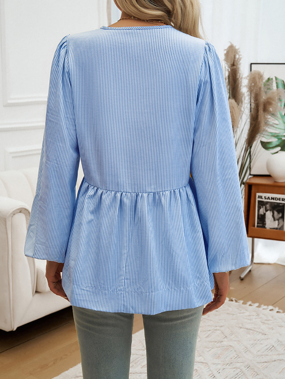 Striped Tie-Up Neck Puff Sleeve Top