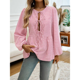 Striped Tie-Up Neck Puff Sleeve Top