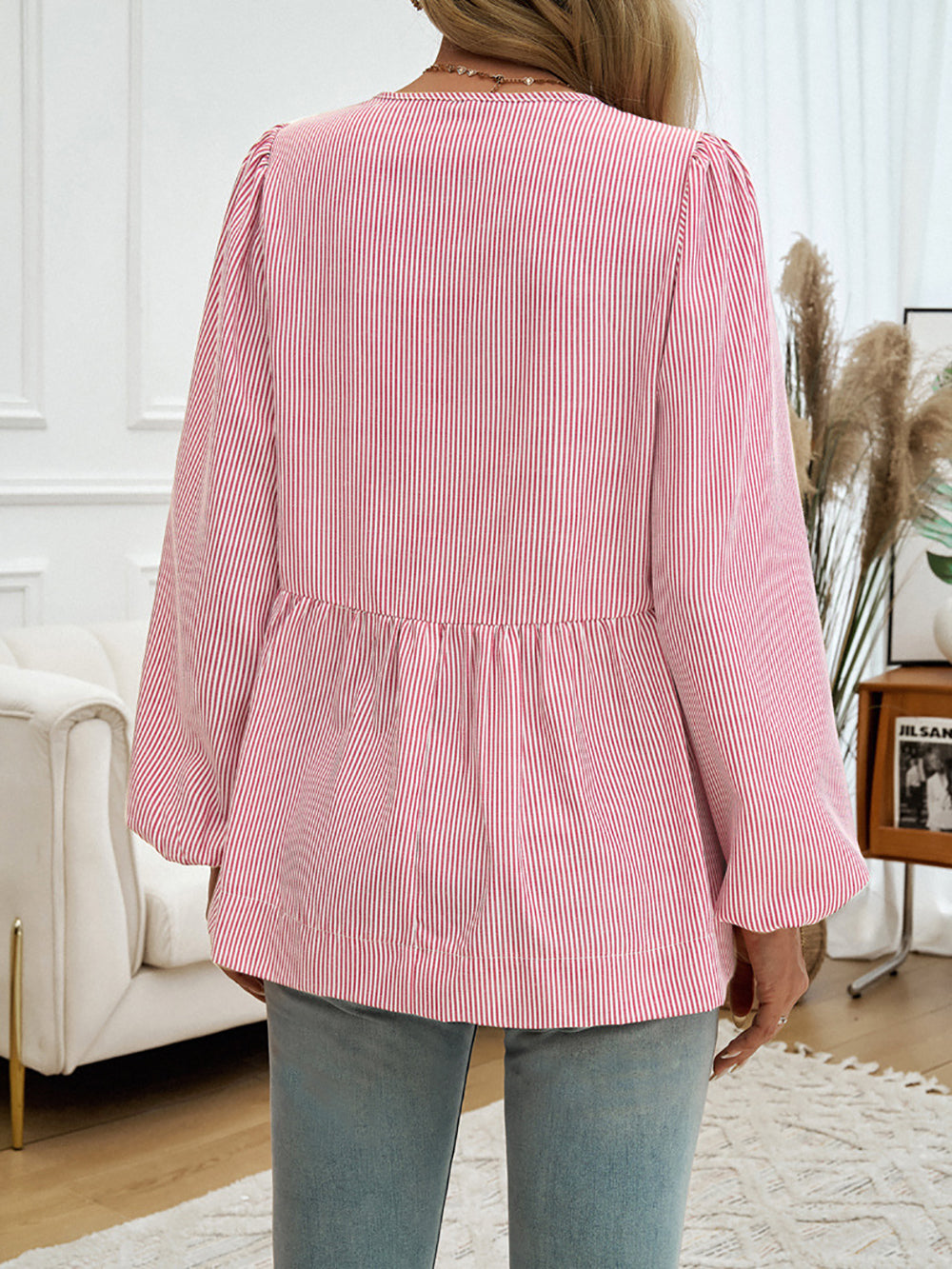 Striped Tie-Up Neck Puff Sleeve Top