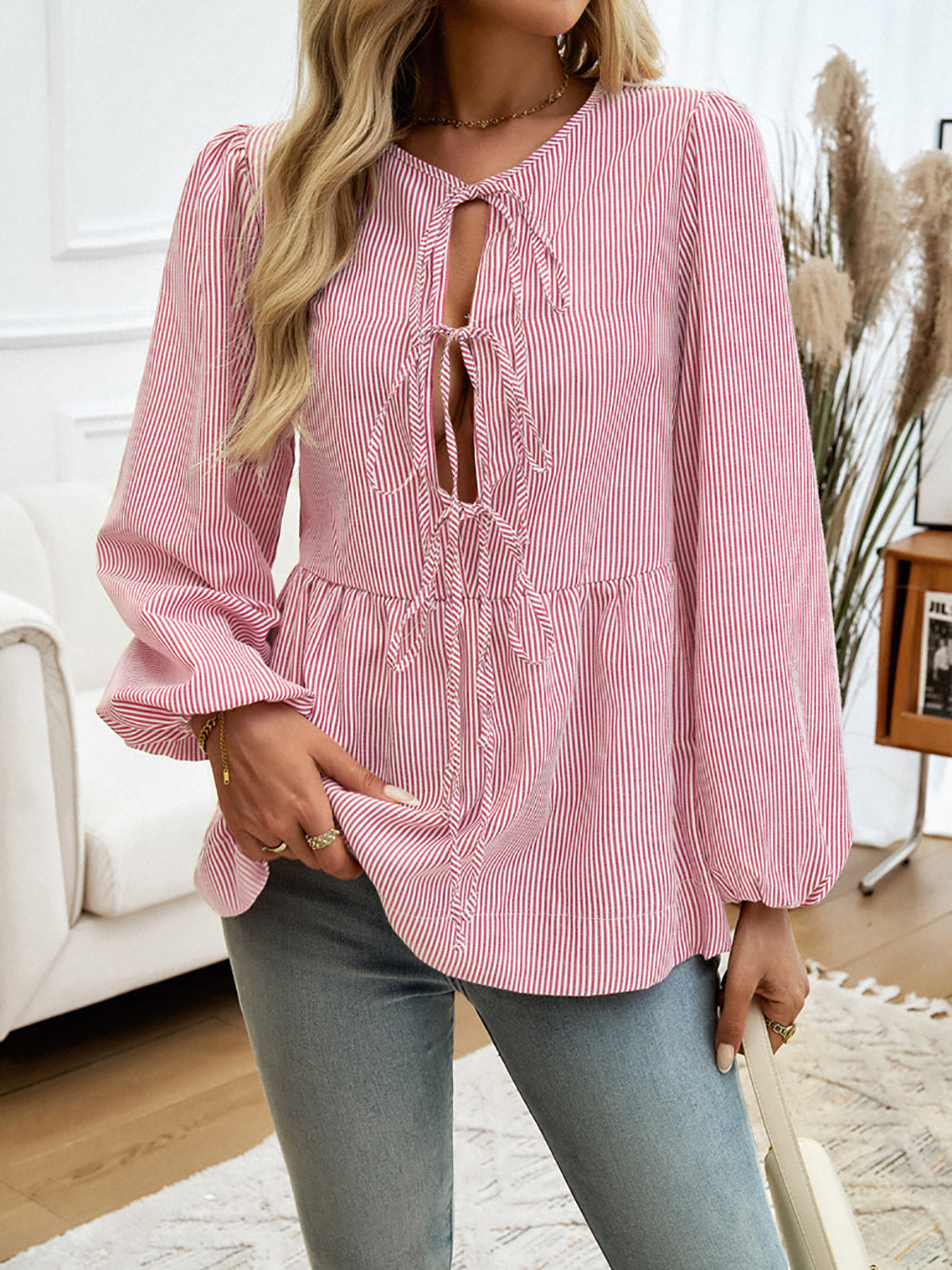 Striped Tie-Up Neck Puff Sleeve Top
