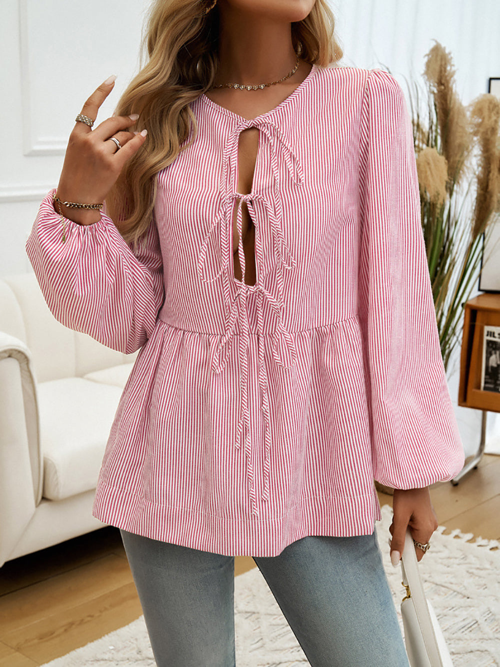 Striped Tie-Up Neck Puff Sleeve Top