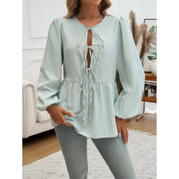 Striped Tie-Up Neck Puff Sleeve Top