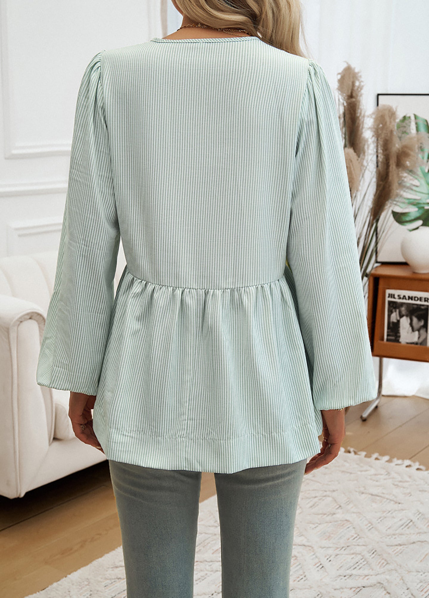 Striped Tie-Up Neck Puff Sleeve Top