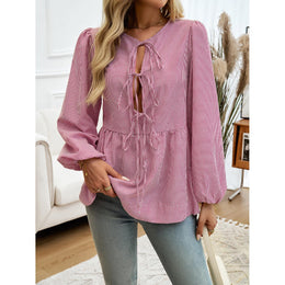 Women Striped Tie-Up Neck Top