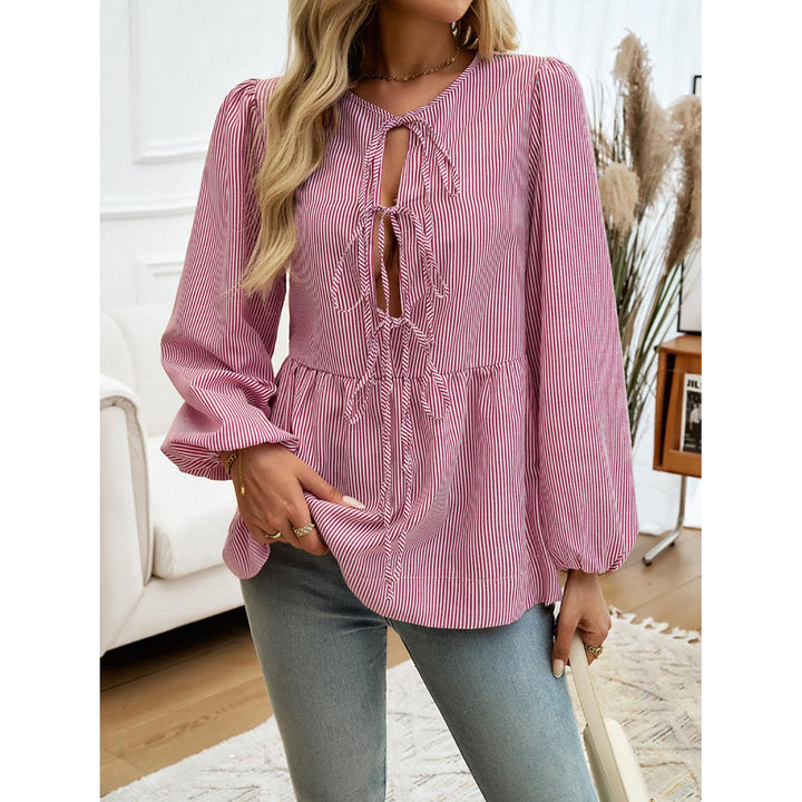 Women Striped Tie-Up Neck Top