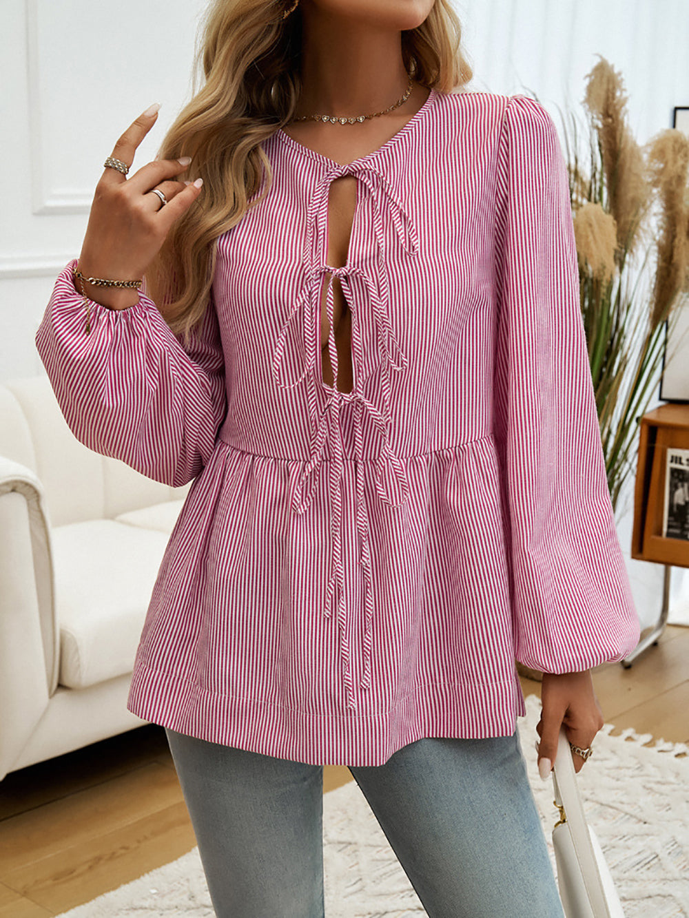 Women Striped Tie-Up Neck Top