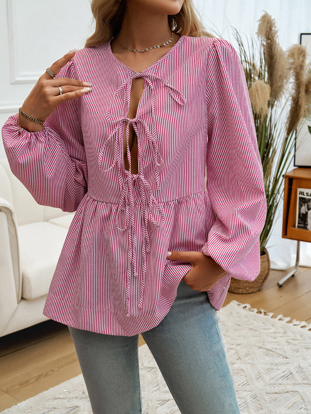 Women Striped Tie-Up Neck Top