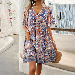 Blue Floral Printed V-Neck Flared Sleeves A-Line Dress
