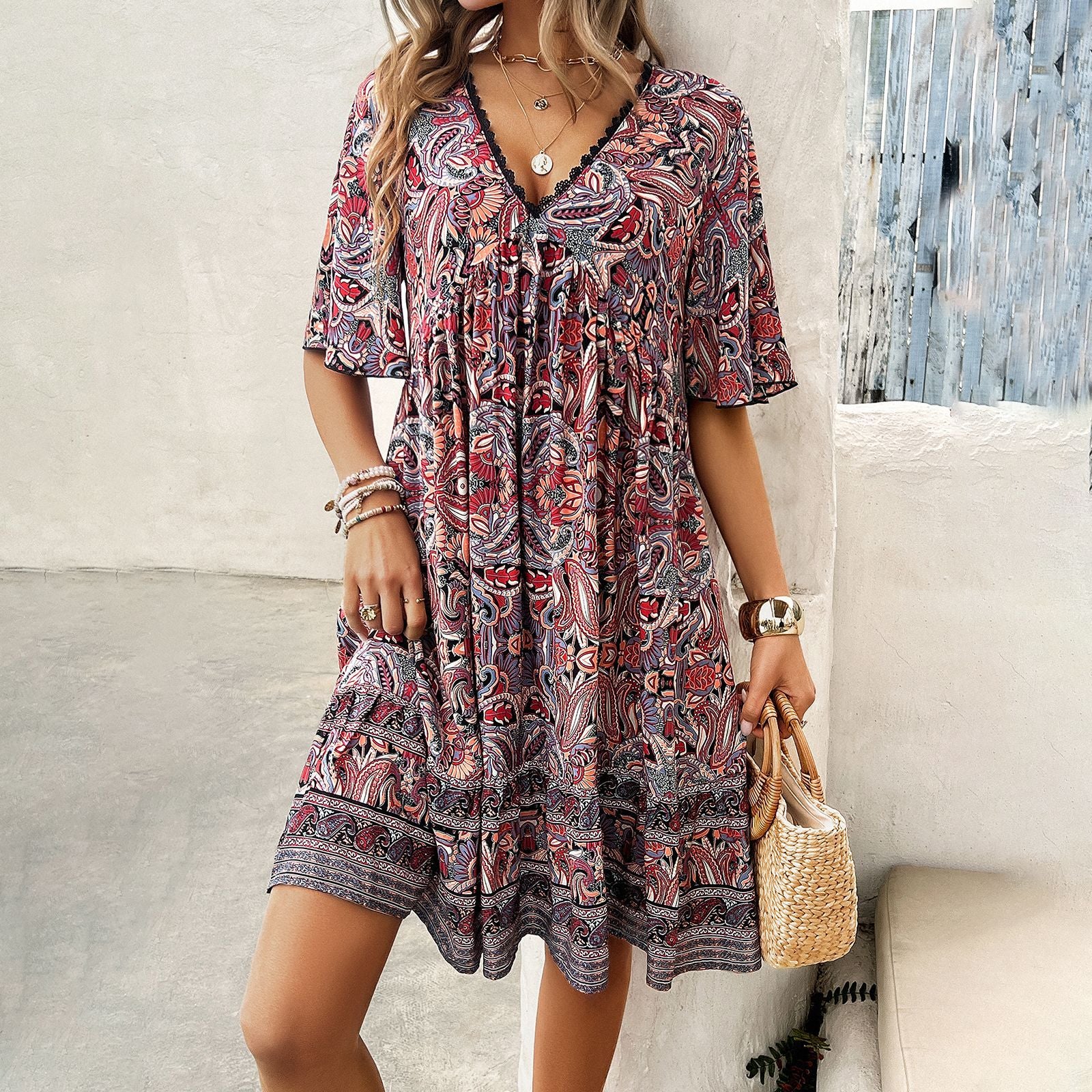 Ethnic Motifs Print V-Neck Flared Sleeves Pleated Empire Dress