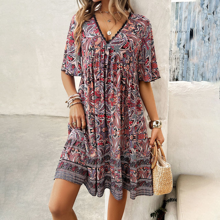 Ethnic Motifs Print V-Neck Flared Sleeves Pleated Empire Dress