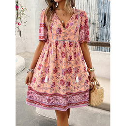 Pink Floral Print Tie-Up Neck Gathered A-Line Dress