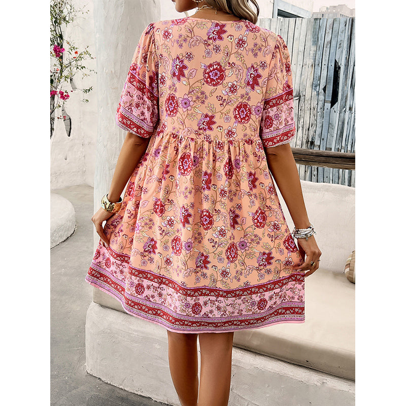 Pink Floral Print Tie-Up Neck Gathered A-Line Dress