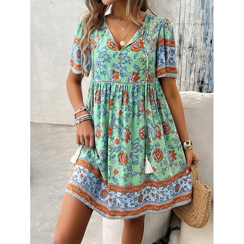 Floral Printed Tie-Up Neck Fit & Flare Midi Dress
