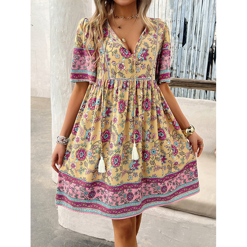 Beige Floral Printed Tie-Up Neck Puff Sleeves Fit & Flare Dress