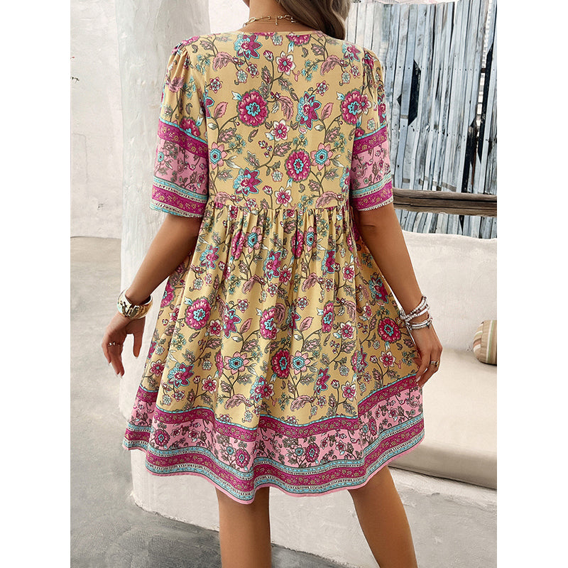 Beige Floral Printed Tie-Up Neck Puff Sleeves Fit & Flare Dress