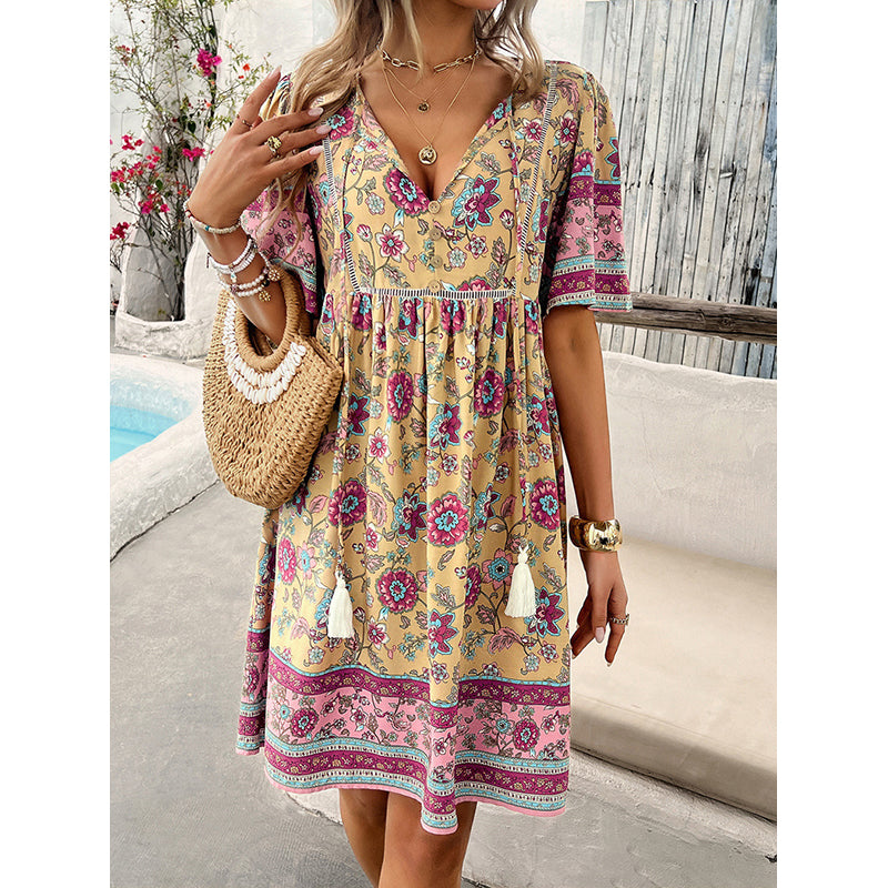 Beige Floral Printed Tie-Up Neck Puff Sleeves Fit & Flare Dress