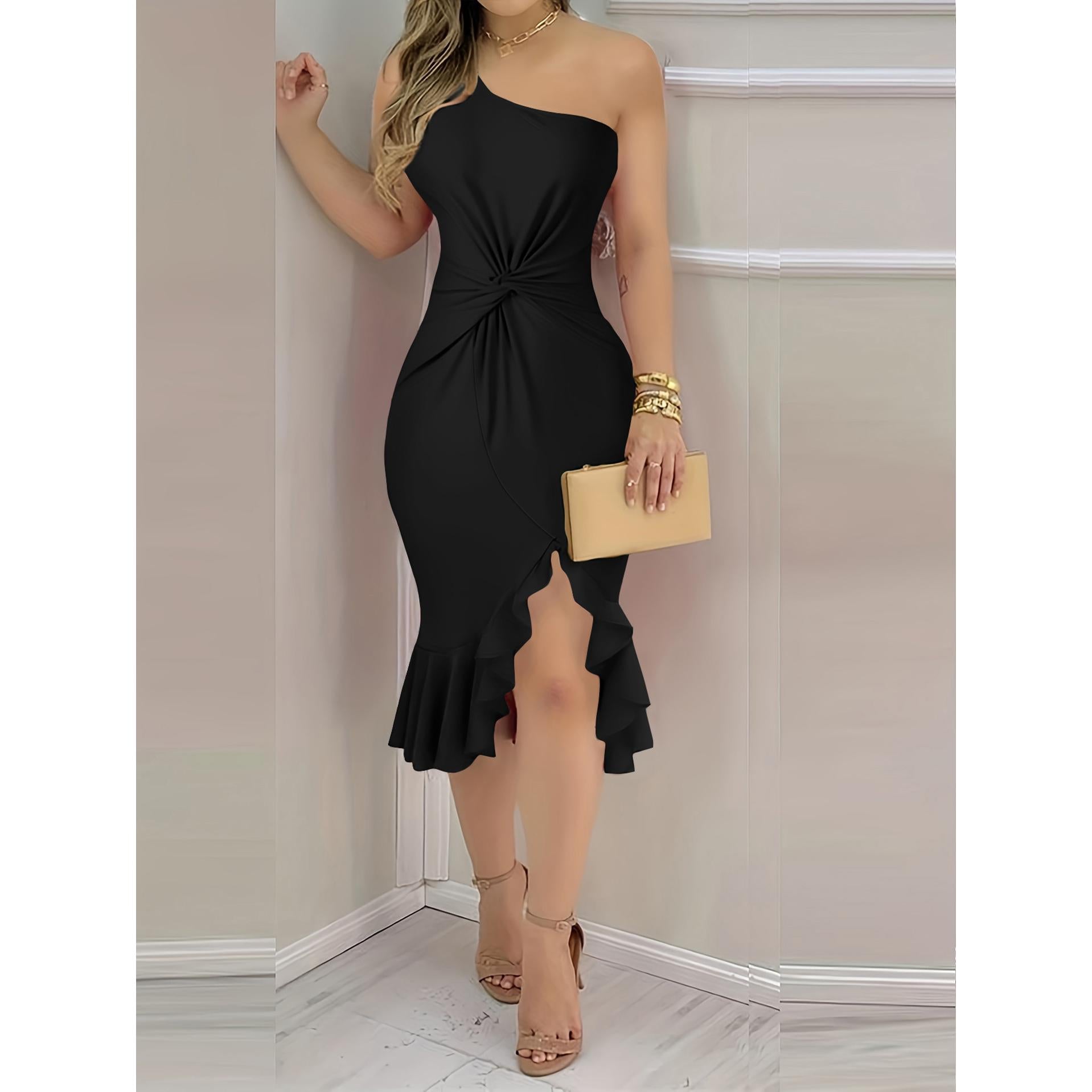 Women One Shoulder Ruffled Bodycon Dress