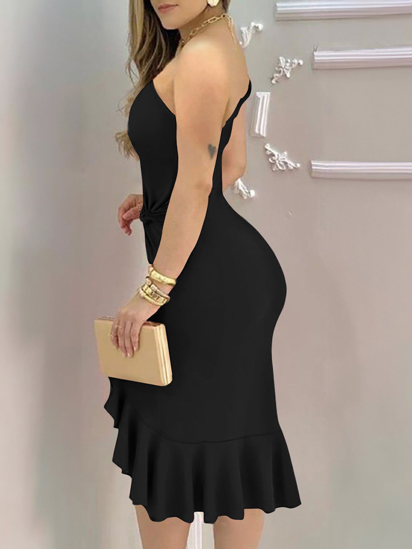 Women One Shoulder Ruffled Bodycon Dress