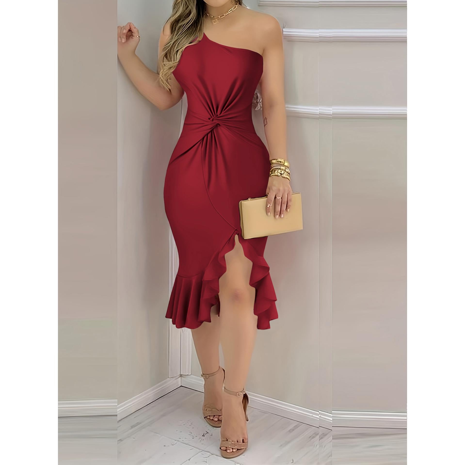 Women One Shoulder Ruffled Bodycon Dress